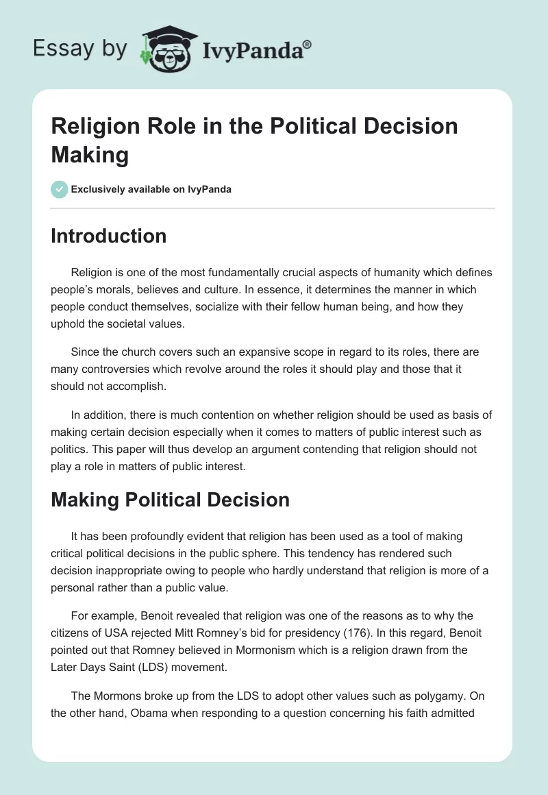 Religion Role in the Political Decision Making. Page 1