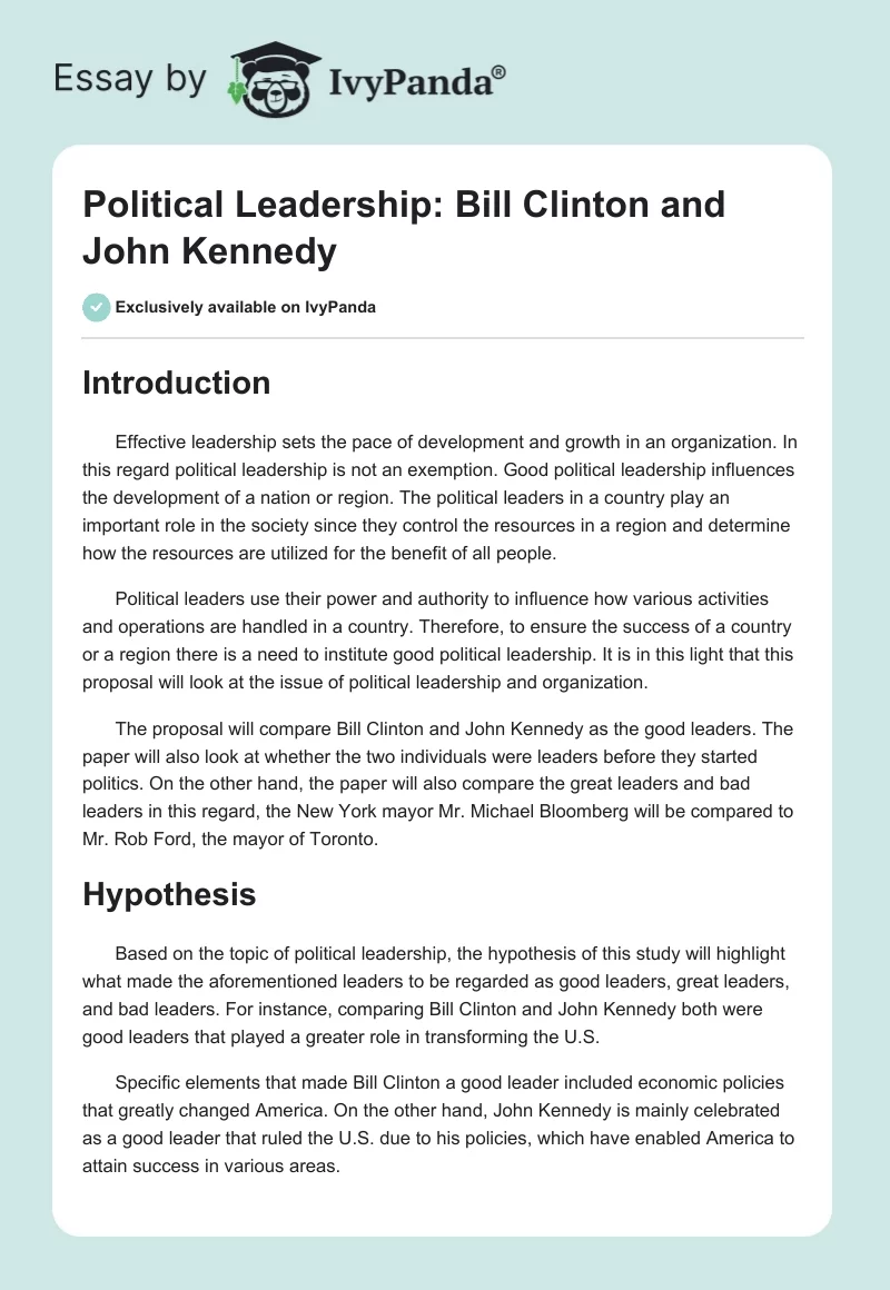 Political Leadership: Bill Clinton and John Kennedy. Page 1