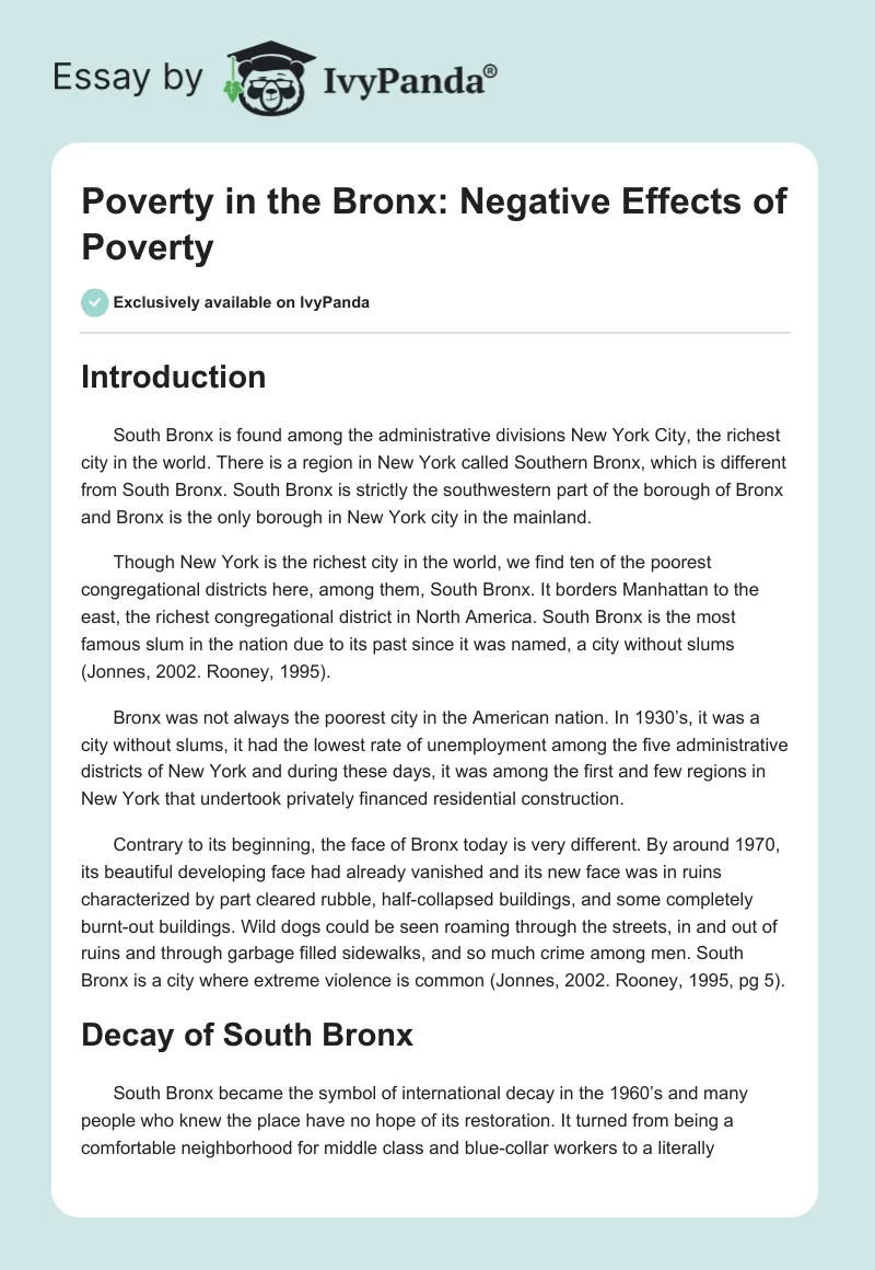 Poverty in the Bronx: Negative Effects of Poverty. Page 1