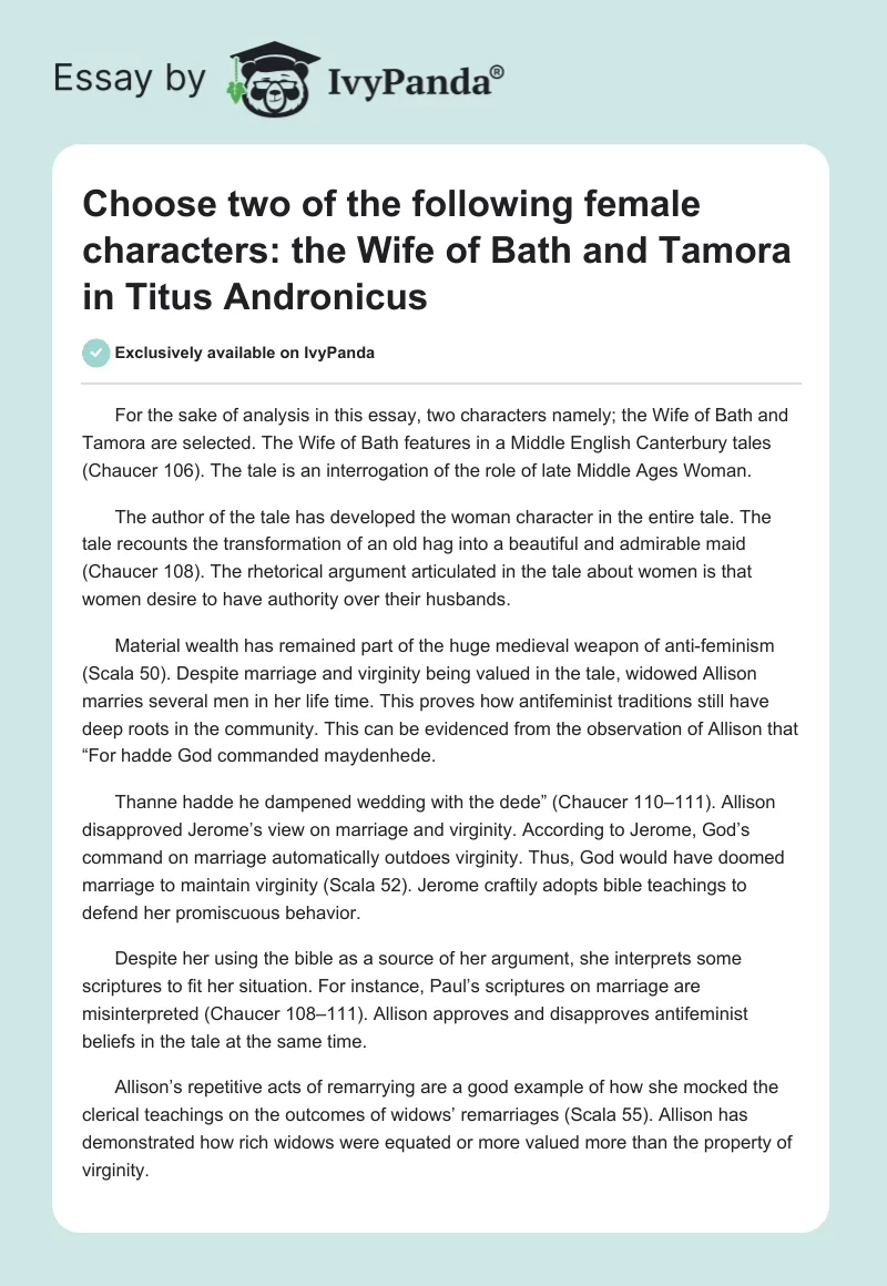 Choose Two of the Following Female Characters: The Wife of Bath and Tamora in Titus Andronicus. Page 1