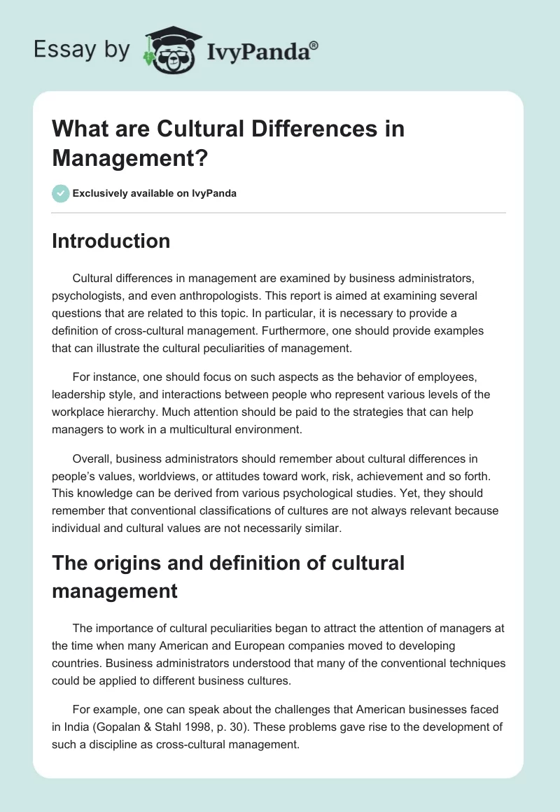 What are Cultural Differences in Management?. Page 1