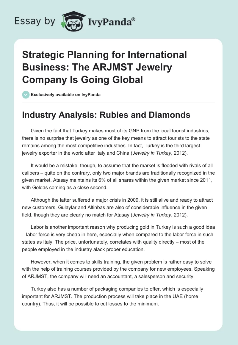 Strategic Planning for International Business: The ARJMST Jewelry Company Is Going Global. Page 1