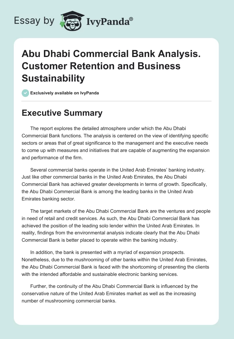 Abu Dhabi Commercial Bank Analysis. Customer Retention and Business Sustainability. Page 1