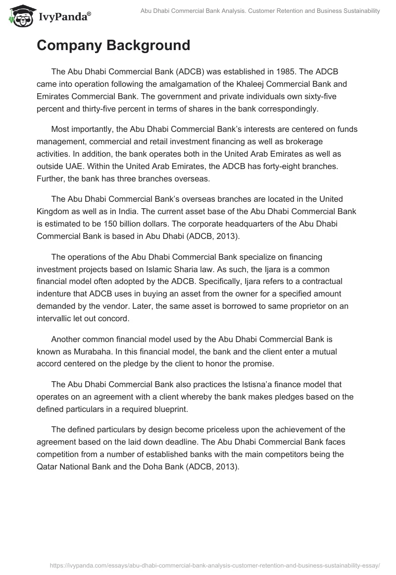 Abu Dhabi Commercial Bank Analysis. Customer Retention and Business Sustainability. Page 2