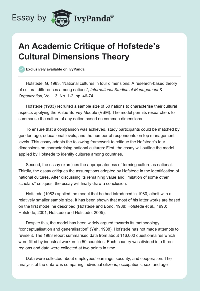 An Academic Critique of Hofstede’s Cultural Dimensions Theory. Page 1