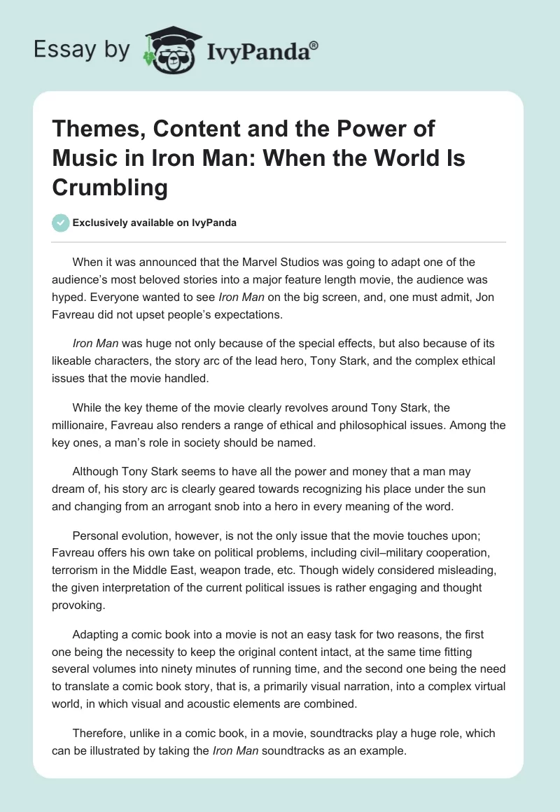 Themes, Content and the Power of Music in Iron Man: When the World Is Crumbling. Page 1