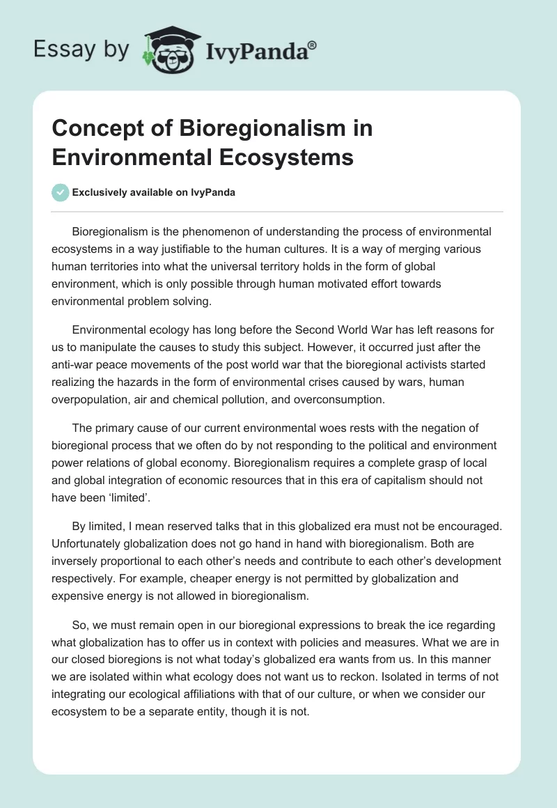 Concept of Bioregionalism in Environmental Ecosystems. Page 1