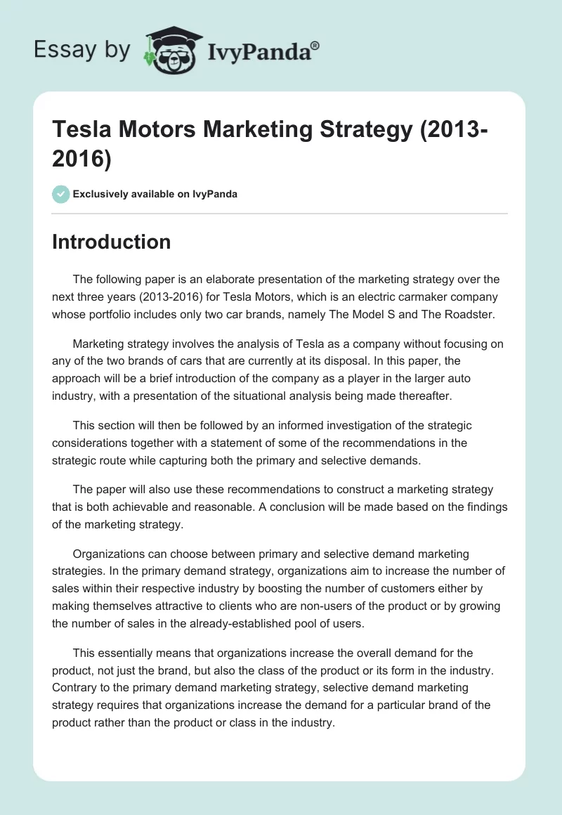 Tesla Motors Marketing Strategy (2013-2016). Page 1