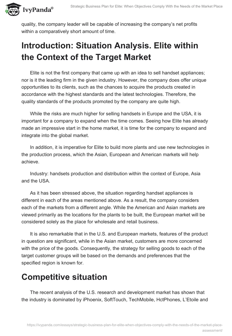 Strategic Business Plan for Elite: When Objectives Comply With the Needs of the Market Place. Page 2