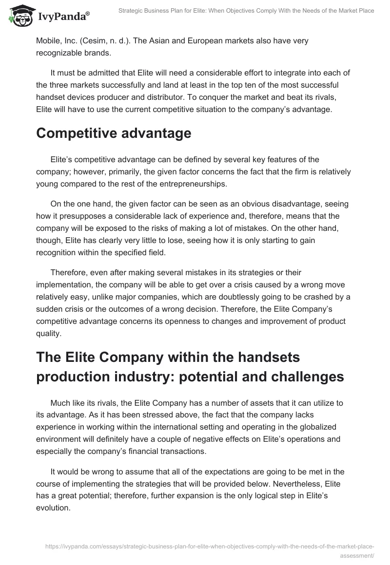 Strategic Business Plan for Elite: When Objectives Comply With the Needs of the Market Place. Page 3