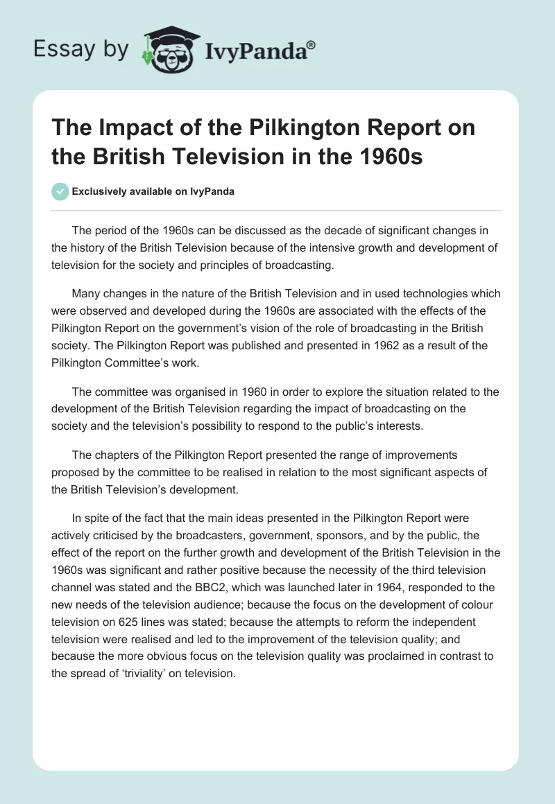 The Impact of the Pilkington Report on the British Television in the 1960s. Page 1