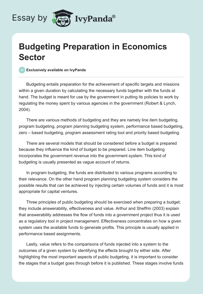 Budgeting Preparation in Economics Sector. Page 1