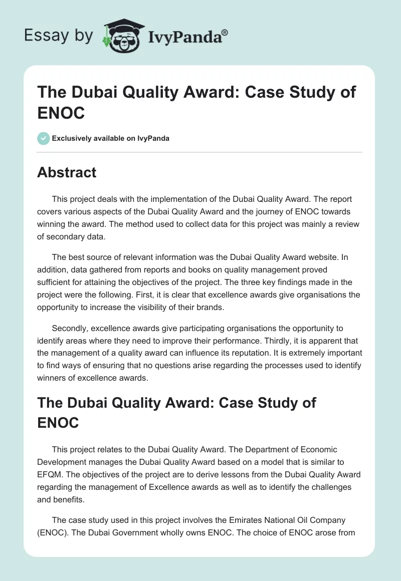 The Dubai Quality Award: Case Study of ENOC. Page 1