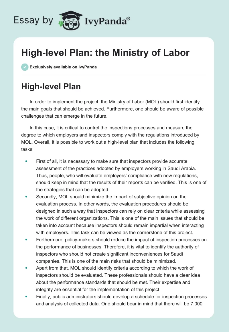 High-level Plan: the Ministry of Labor. Page 1