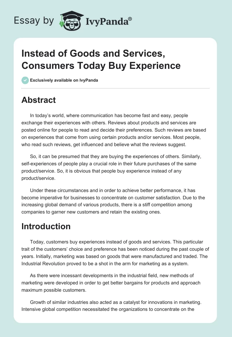 Instead of Goods and Services, Consumers Today Buy Experience. Page 1