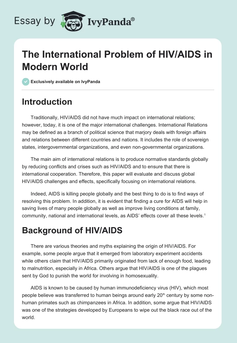 The International Problem of HIV/AIDS in Modern World. Page 1