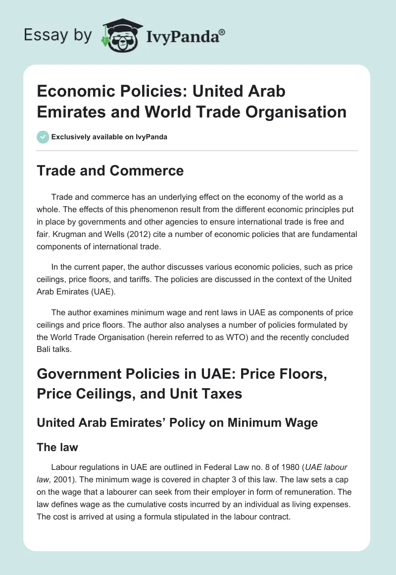 Economic Policies: United Arab Emirates and World Trade Organisation. Page 1