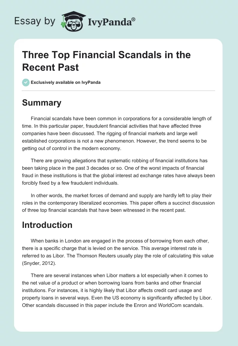 Three Top Financial Scandals in the Recent Past. Page 1