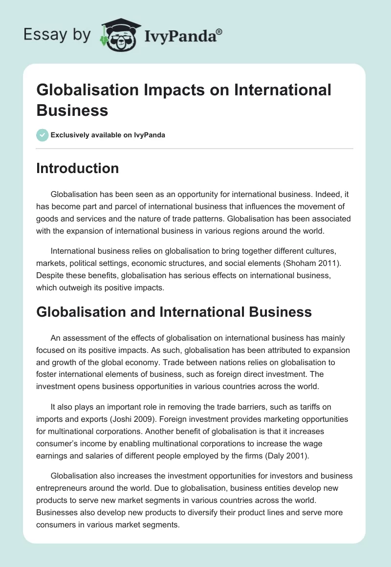 Globalisation Impacts on International Business. Page 1