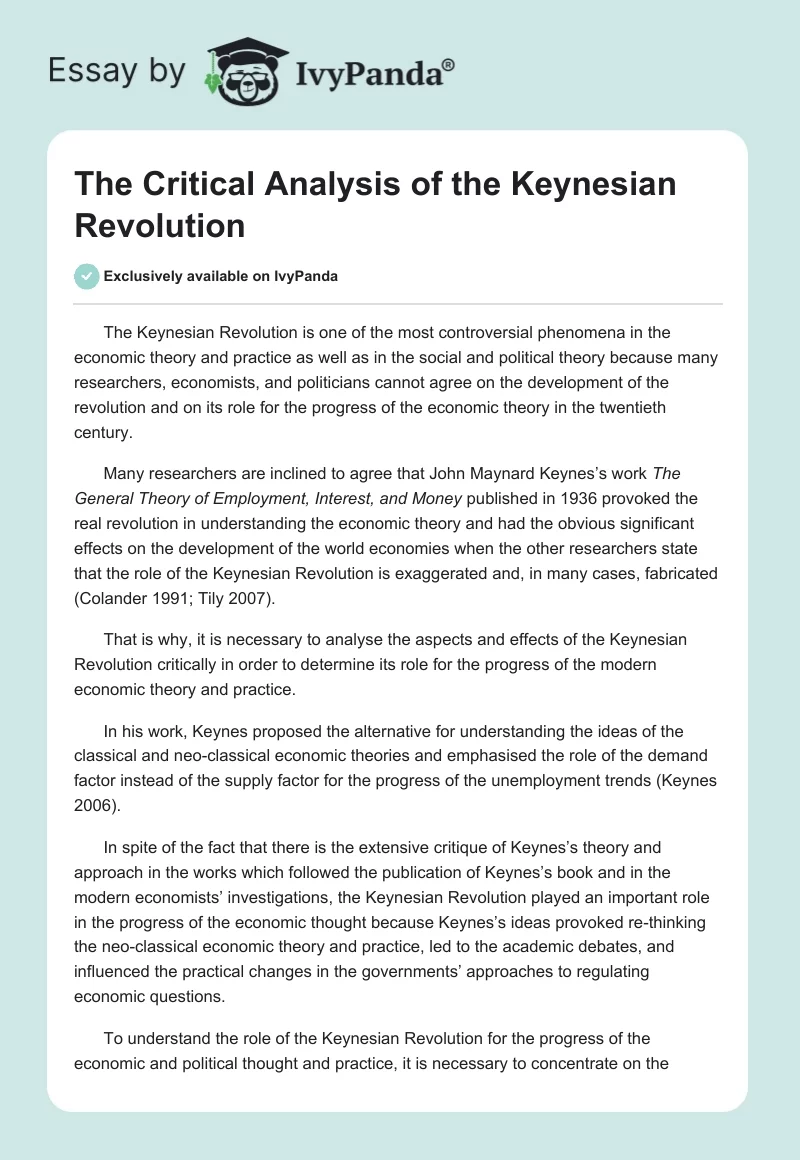 The Critical Analysis of the Keynesian Revolution. Page 1