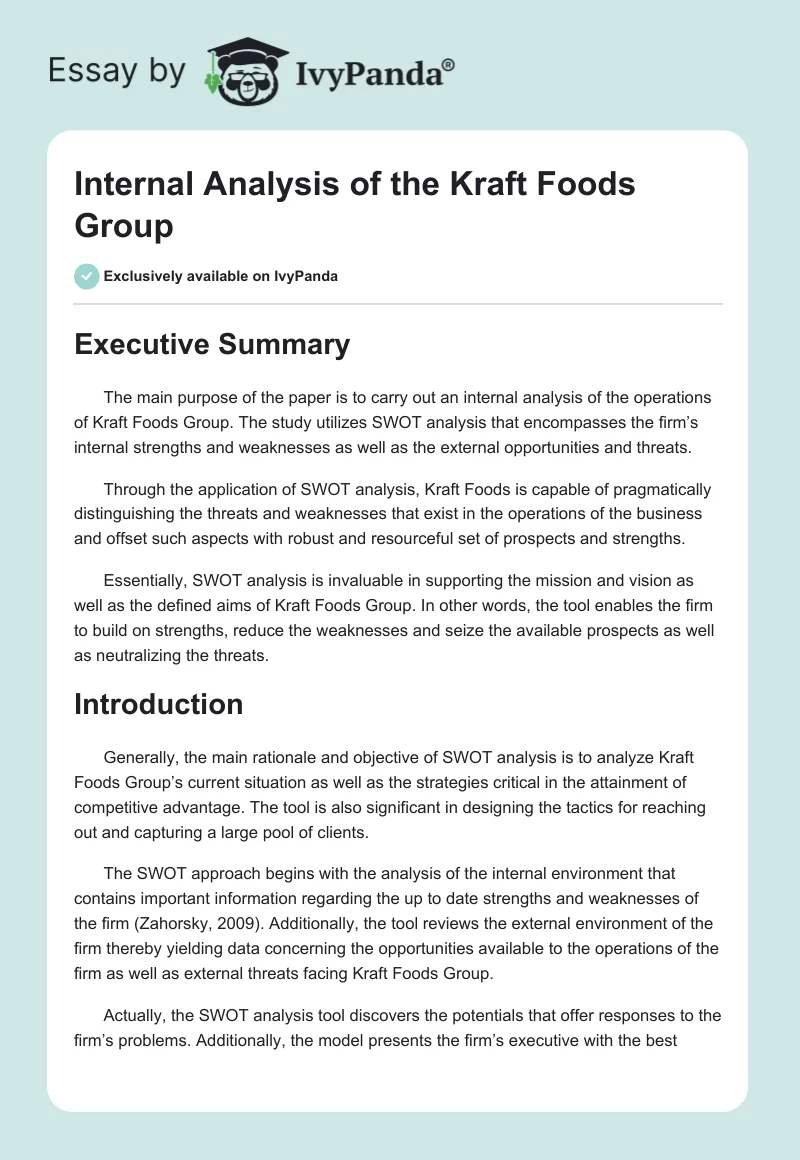 Internal Analysis of the Kraft Foods Group. Page 1