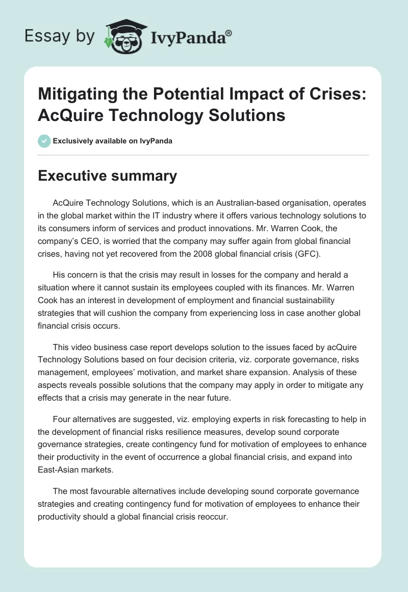 Mitigating the Potential Impact of Crises: AcQuire Technology Solutions. Page 1