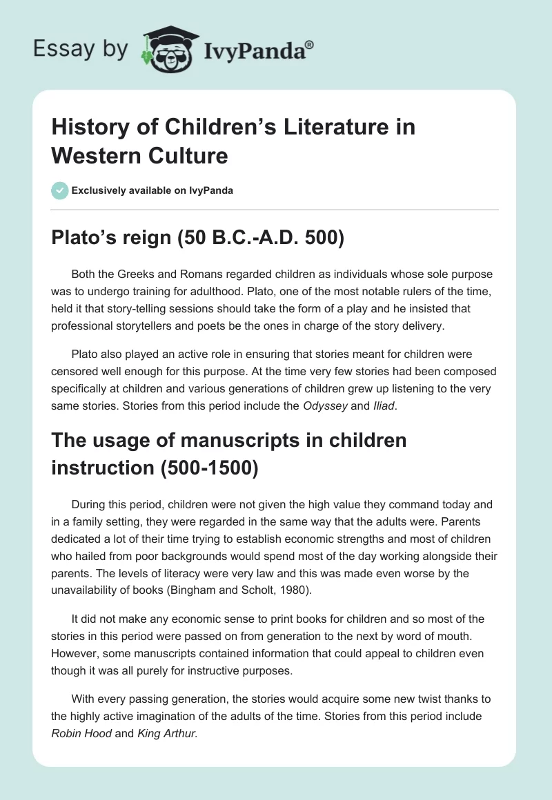 History of Children’s Literature in Western Culture. Page 1