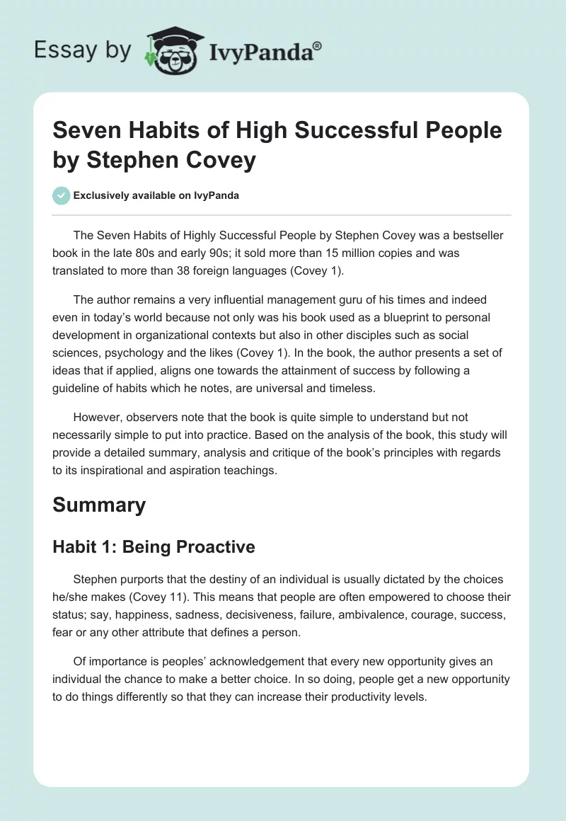 Seven Habits of High Successful People by Stephen Covey. Page 1