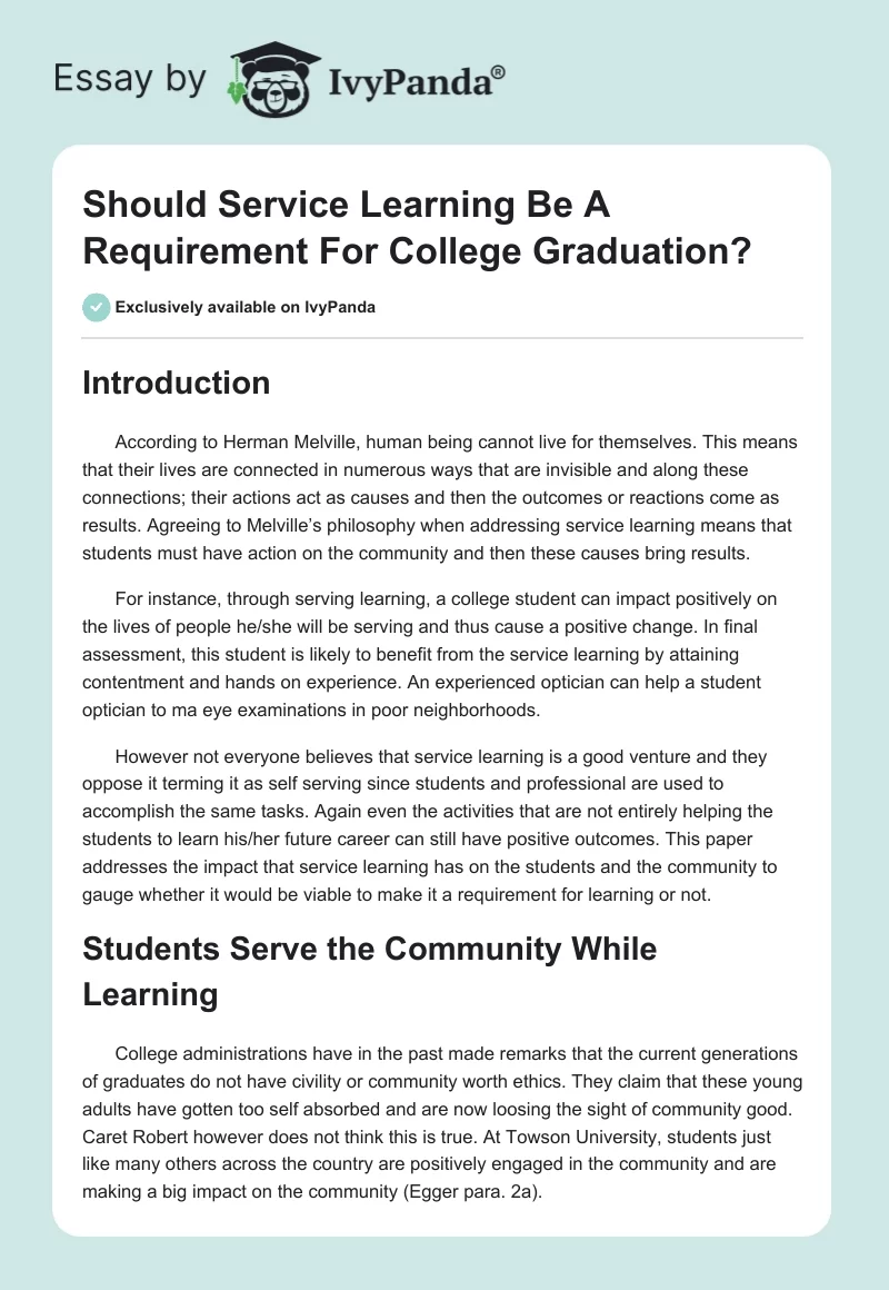 Should Service Learning Be A Requirement For College Graduation?. Page 1