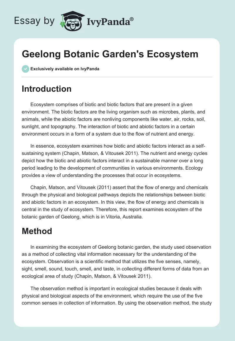 Geelong Botanic Garden's Ecosystem. Page 1