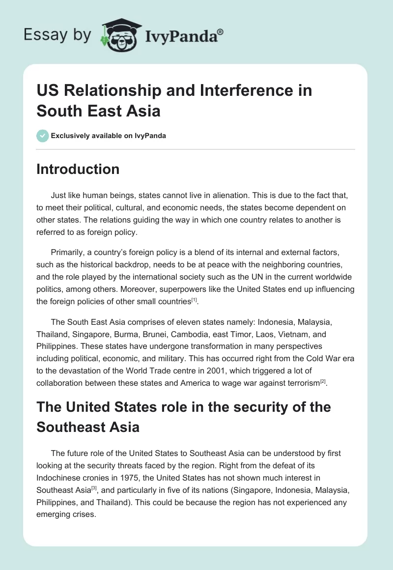 US Relationship and Interference in South East Asia. Page 1
