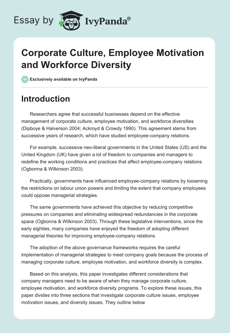 Corporate Culture, Employee Motivation and Workforce Diversity. Page 1