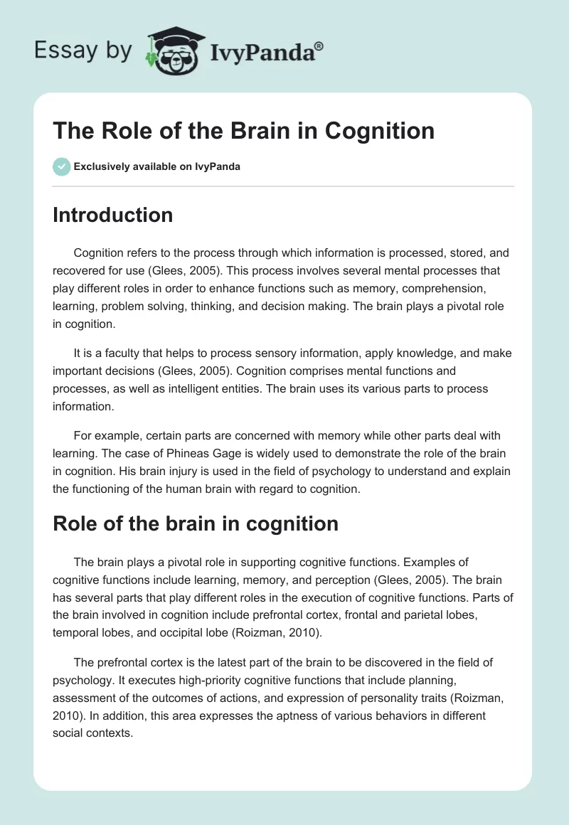 The Role of the Brain in Cognition. Page 1