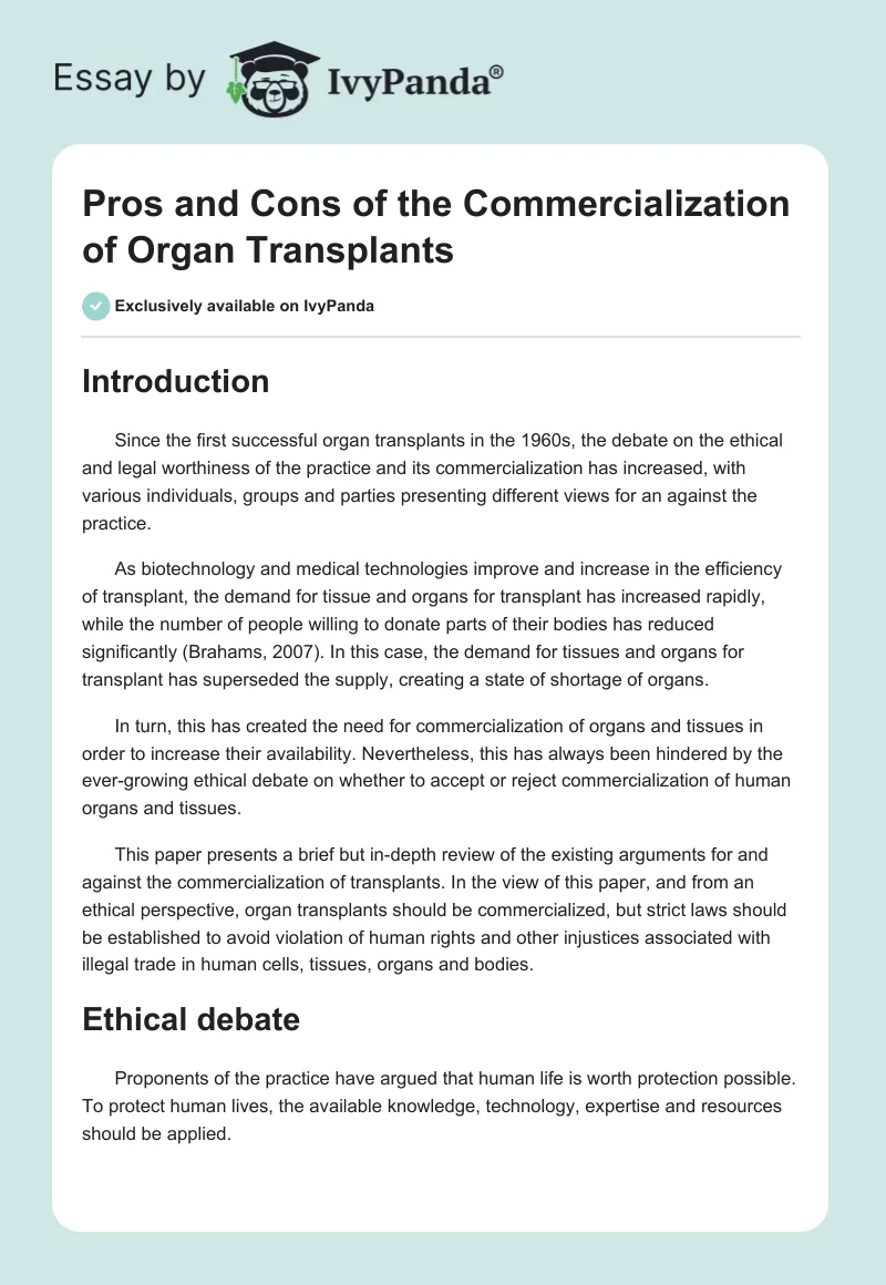 Pros and Cons of the Commercialization of Organ Transplants. Page 1