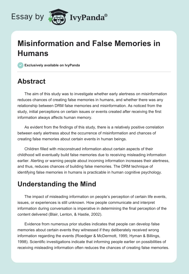 Misinformation and False Memories in Humans. Page 1