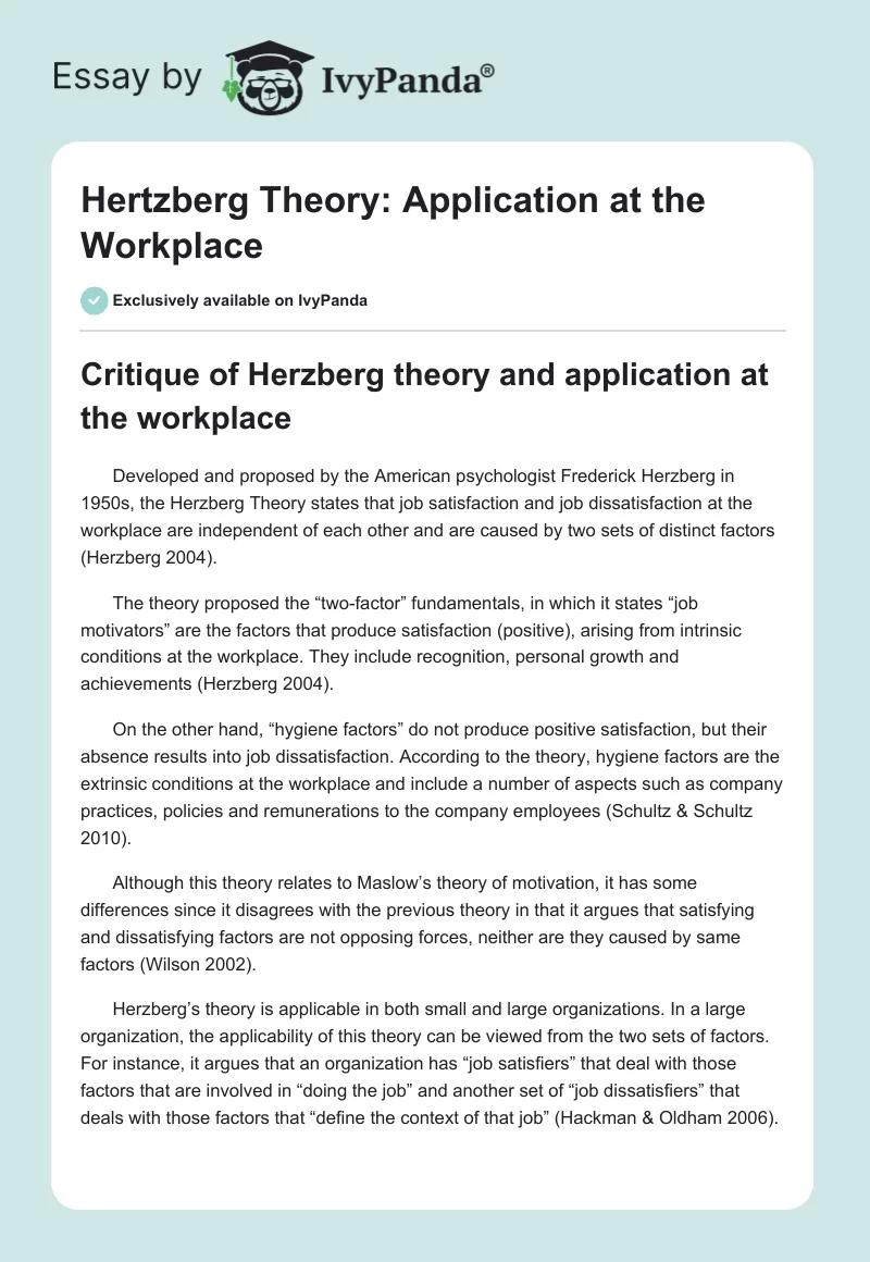Hertzberg Theory: Application at the Workplace. Page 1