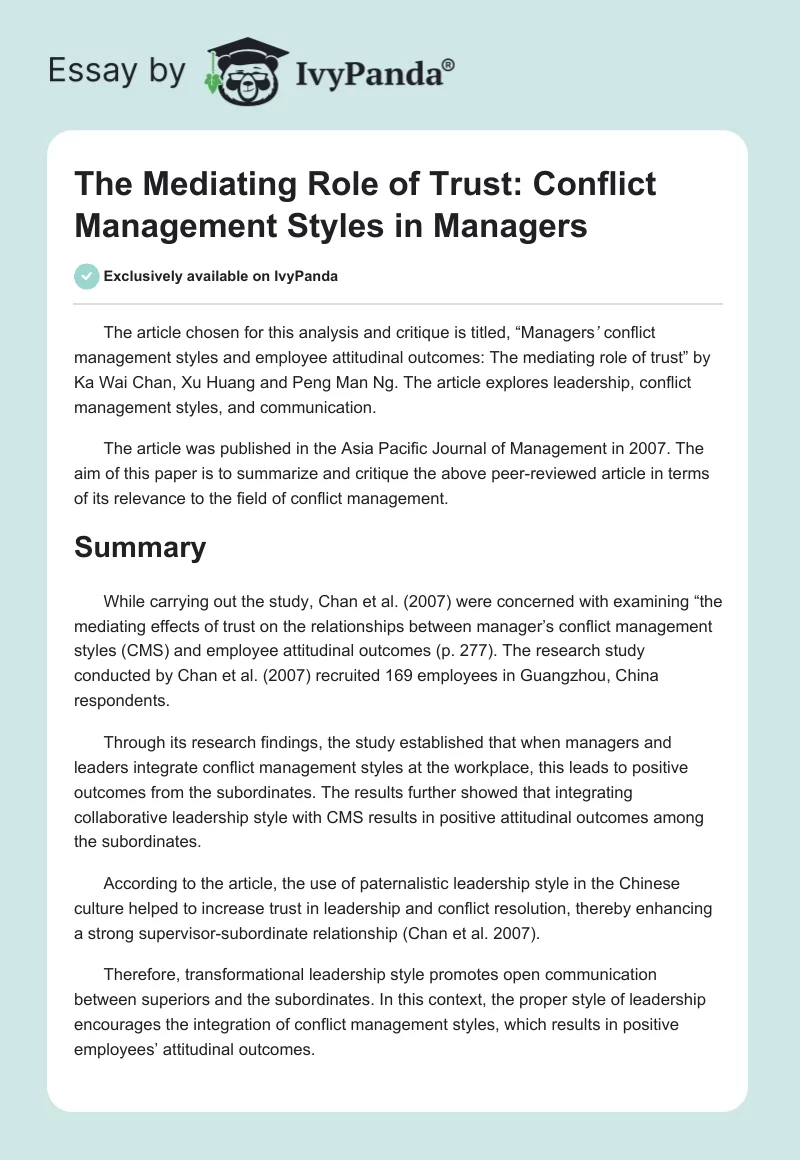 The Mediating Role of Trust: Conflict Management Styles in Managers. Page 1