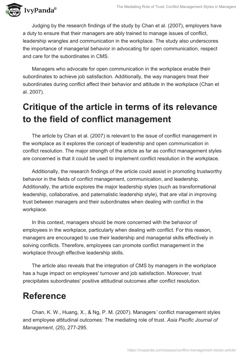 The Mediating Role of Trust: Conflict Management Styles in Managers. Page 2