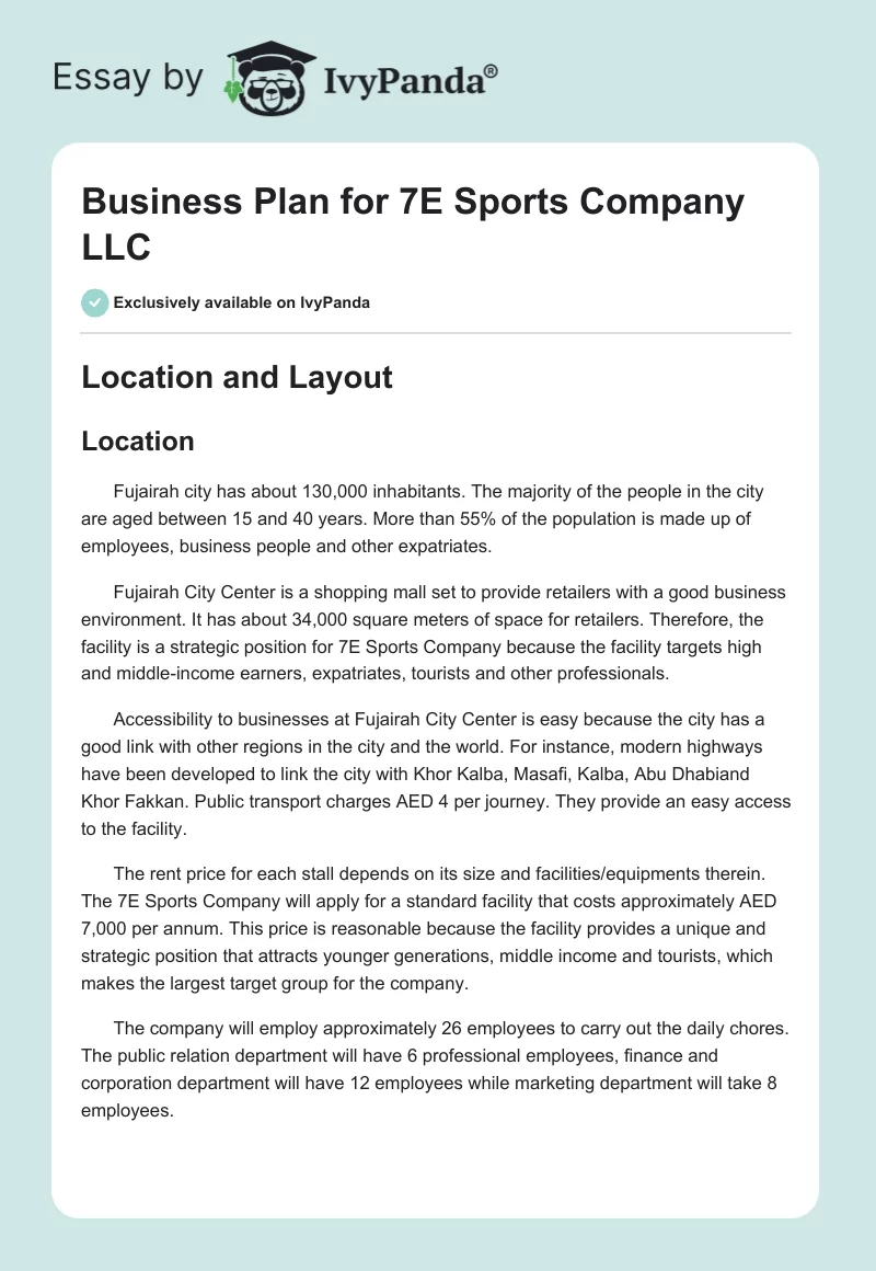 Business Plan for 7E Sports Company LLC. Page 1