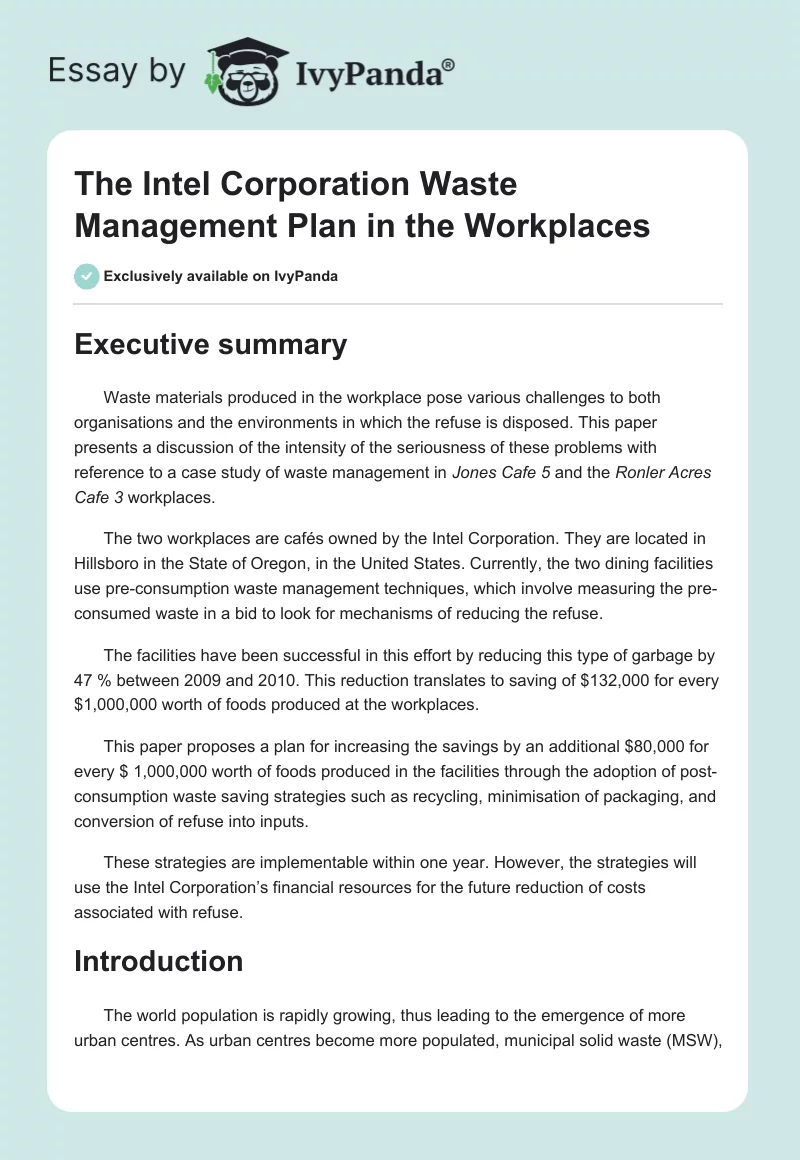 The Intel Corporation Waste Management Plan in the Workplaces. Page 1