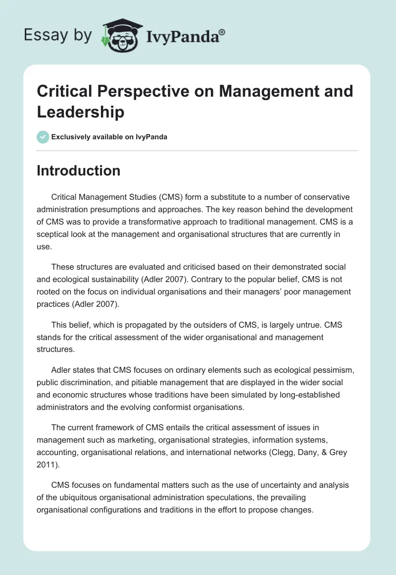 Critical Perspective on Management and Leadership. Page 1