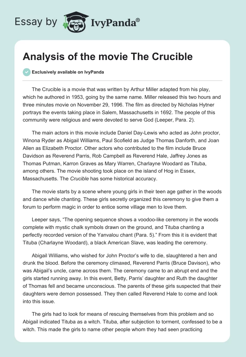 Analysis of the Movie The Crucible. Page 1