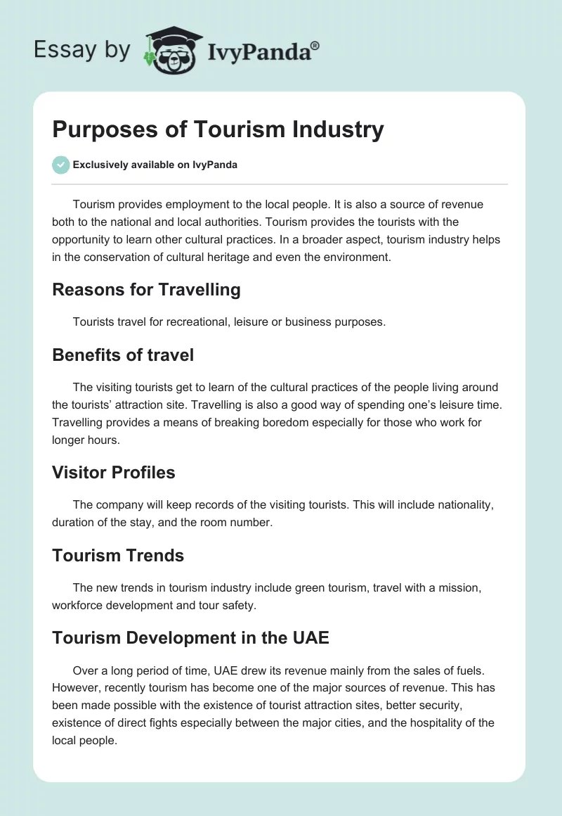 Purposes of Tourism Industry. Page 1