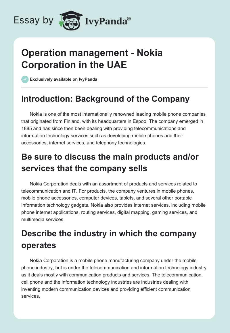 Operation Management - Nokia Corporation in the UAE. Page 1