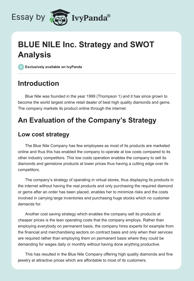 BLUE NILE Inc. Strategy and SWOT Analysis. Page 1