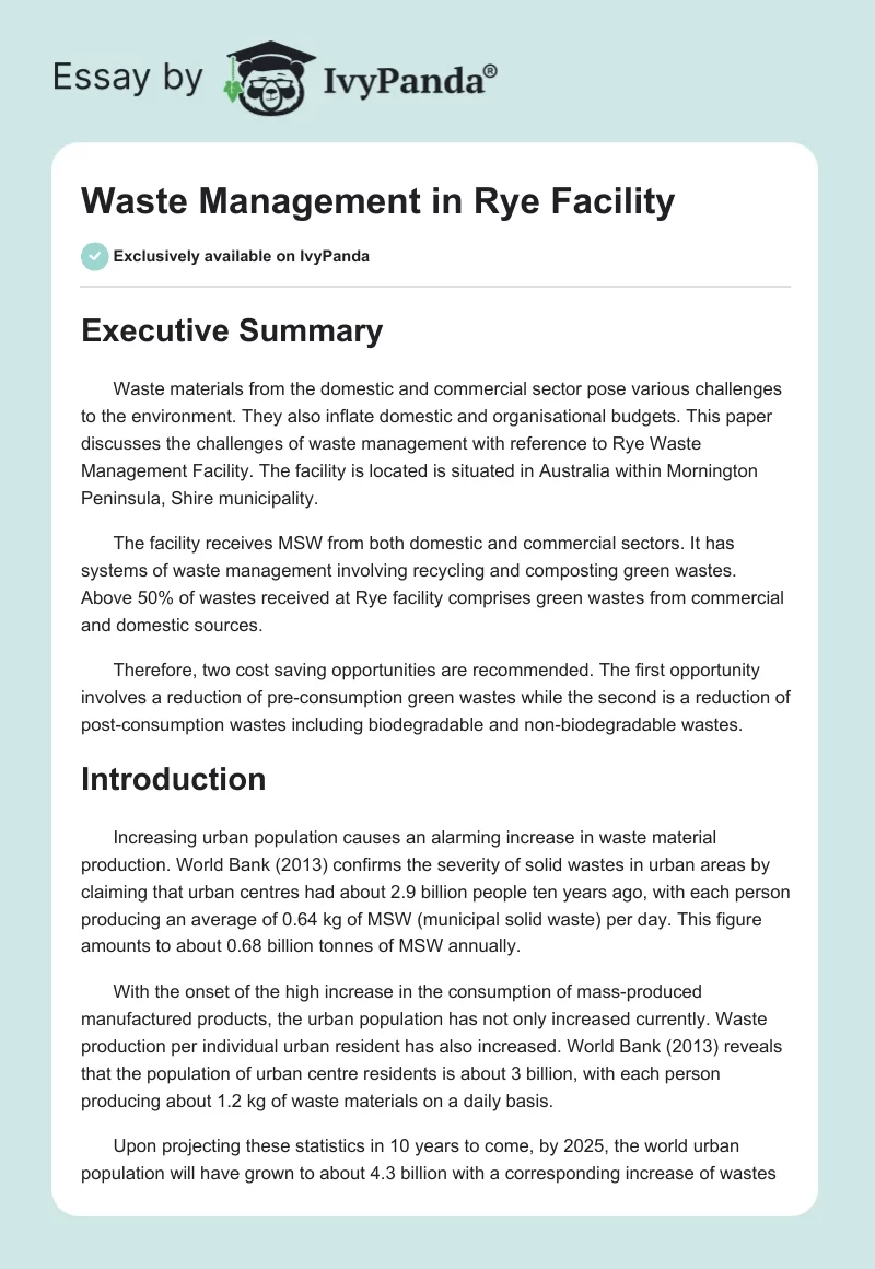 Waste Management in Rye Facility. Page 1