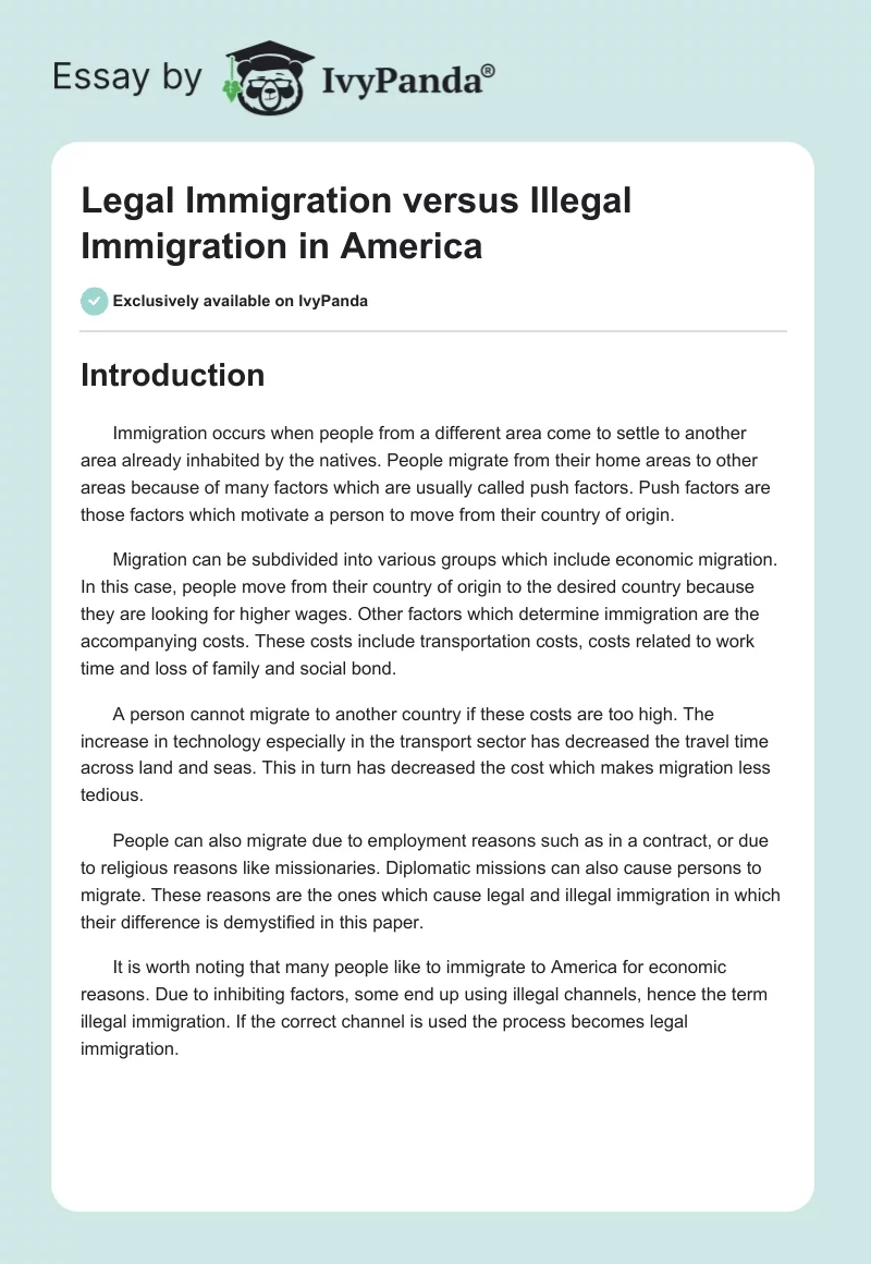 Legal Immigration versus Illegal Immigration in America. Page 1