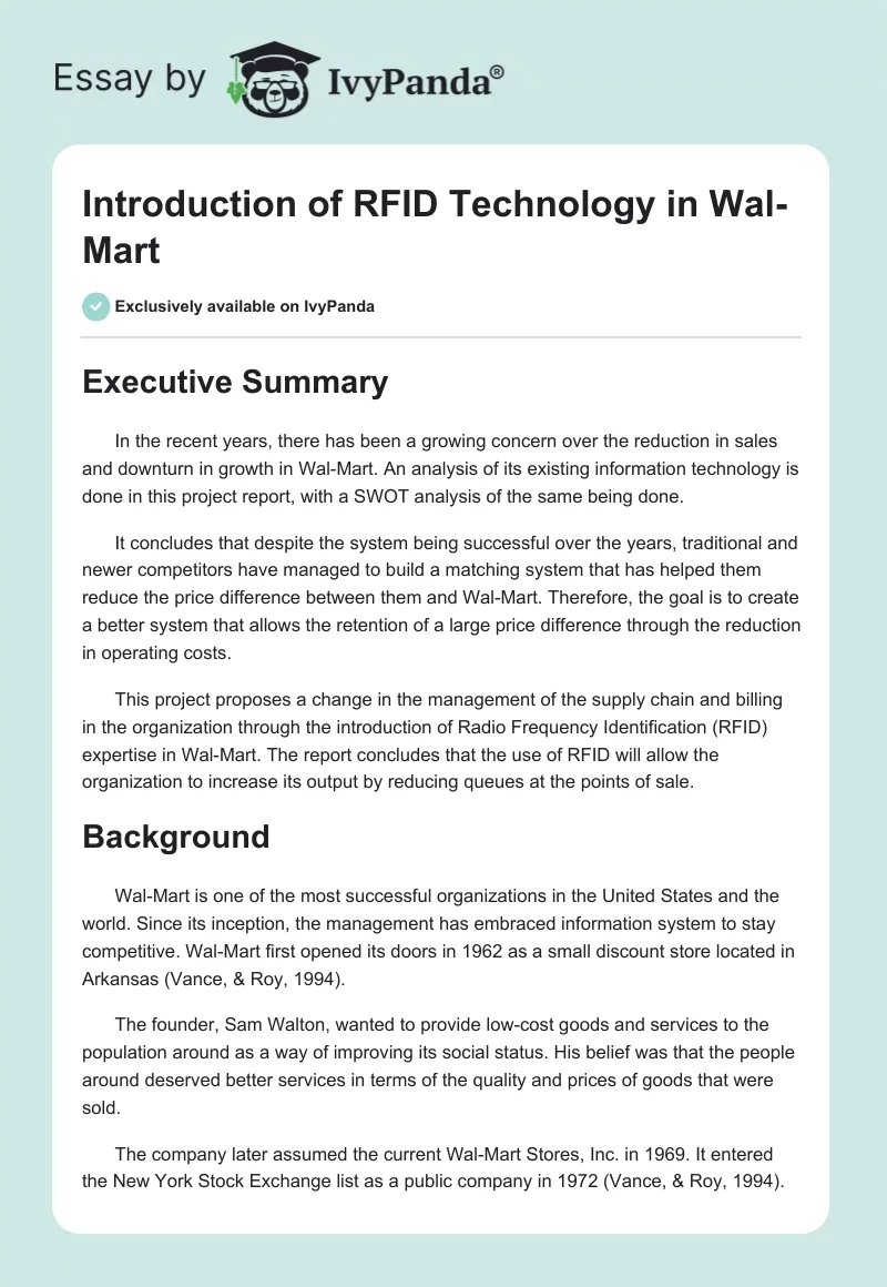 Introduction of RFID Technology in Wal-Mart. Page 1