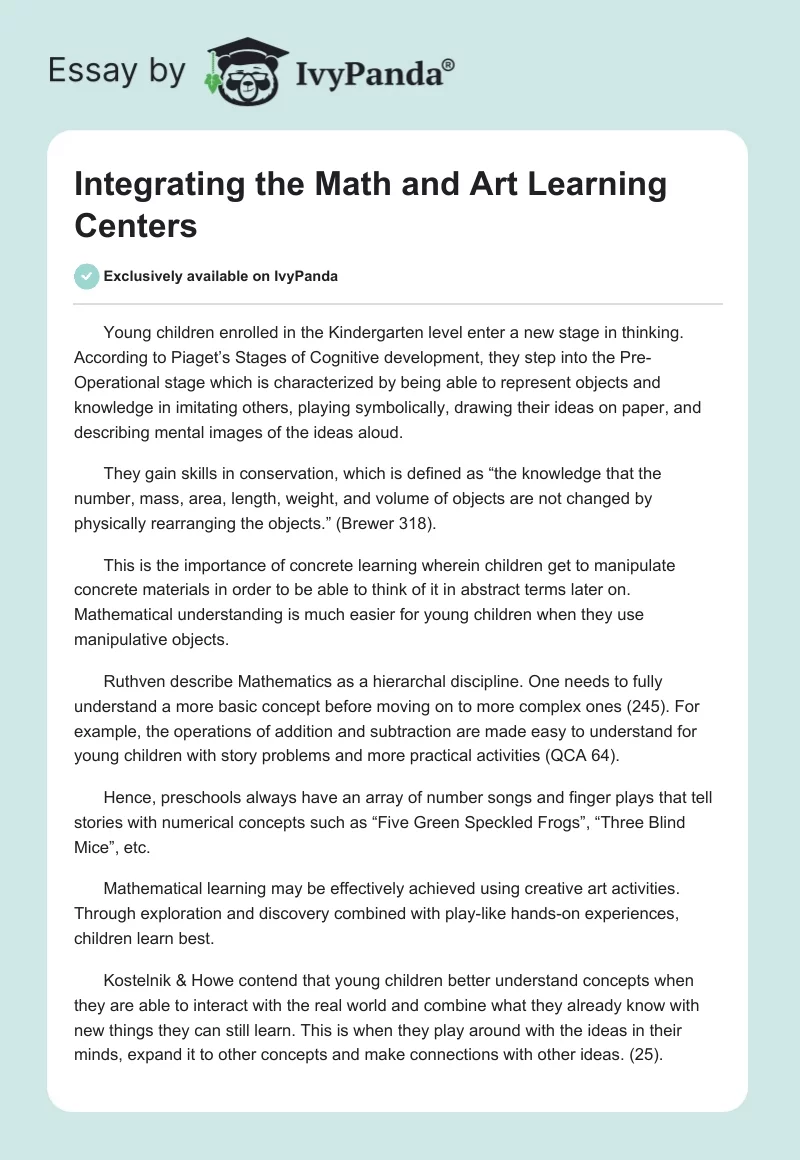 Integrating the Math and Art Learning Centers. Page 1