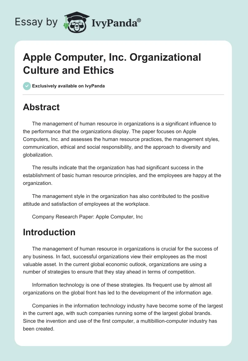 Apple Computer, Inc. Organizational Culture and Ethics. Page 1